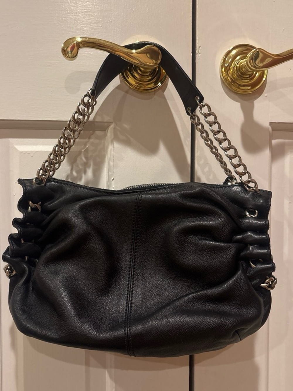 Vintage Desmo Black Leather Shoulder Bag with riffle chain strap